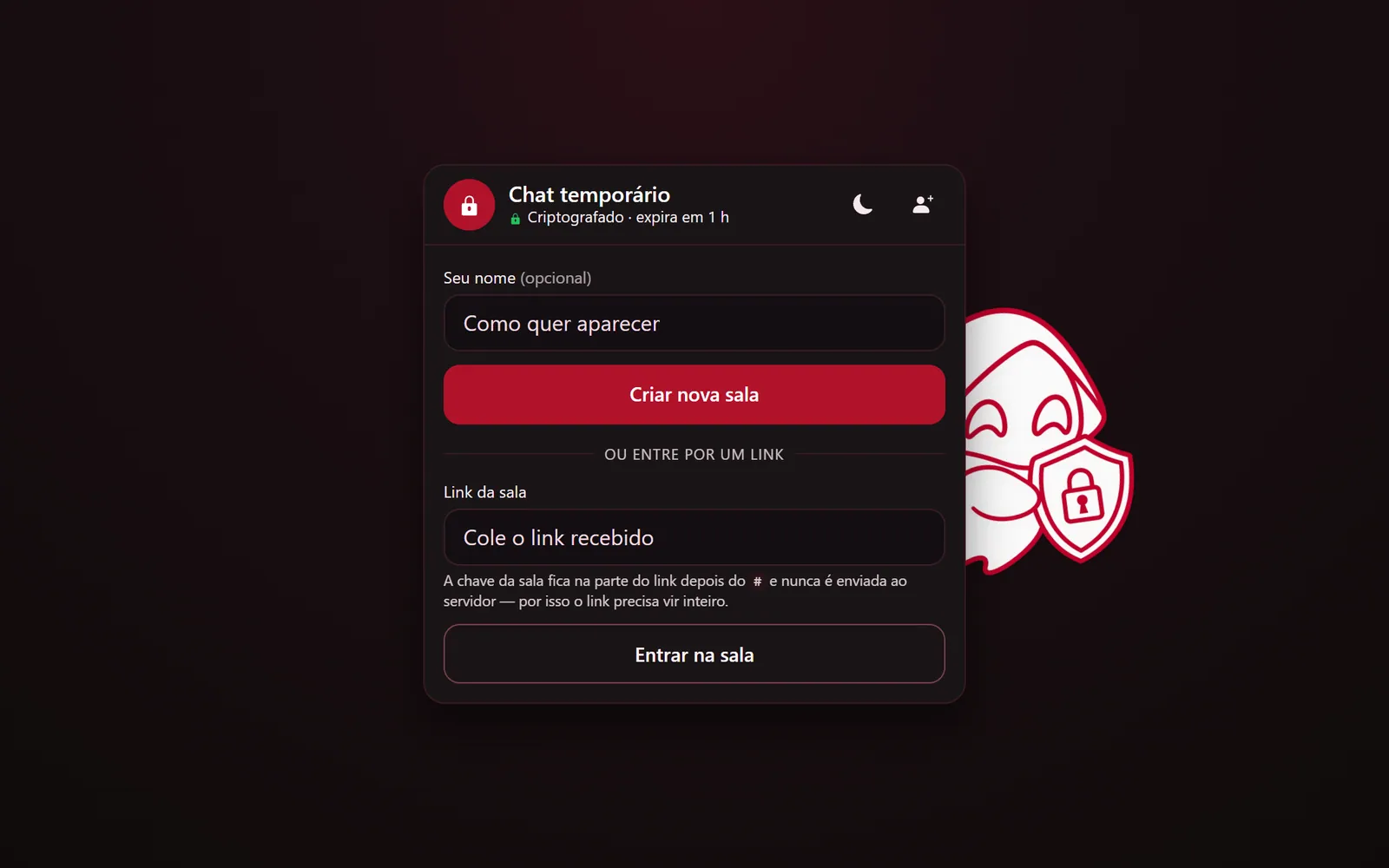 Captura de tela do site Chat Santus: Tela inicial do Chat Santus, com opções para criar um perfil e iniciar uma sala temporária