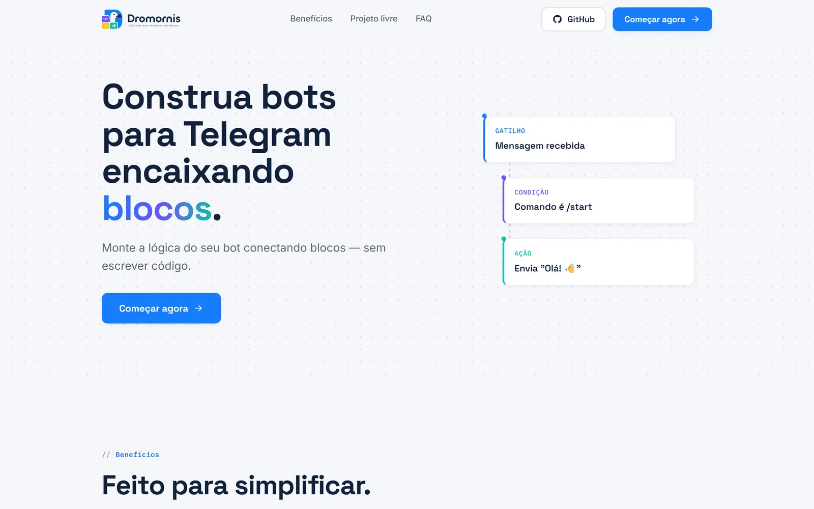 Captura de tela do site Dromornis: Página inicial do Dromornis apresentando o construtor visual de bots por blocos